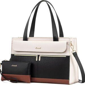 Laptop Tote Bag for Women 15.6 Inch Computer - Faux Leather with Clutch Purse